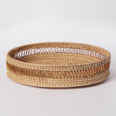 Round Rattan Tray — Decorative White Woven Tray for Coffee Table & Home