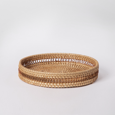 Round Rattan Tray — Decorative White Woven Tray for Coffee Table & Home