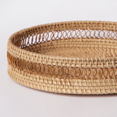 Round Rattan Tray — Decorative White Woven Tray for Coffee Table & Home