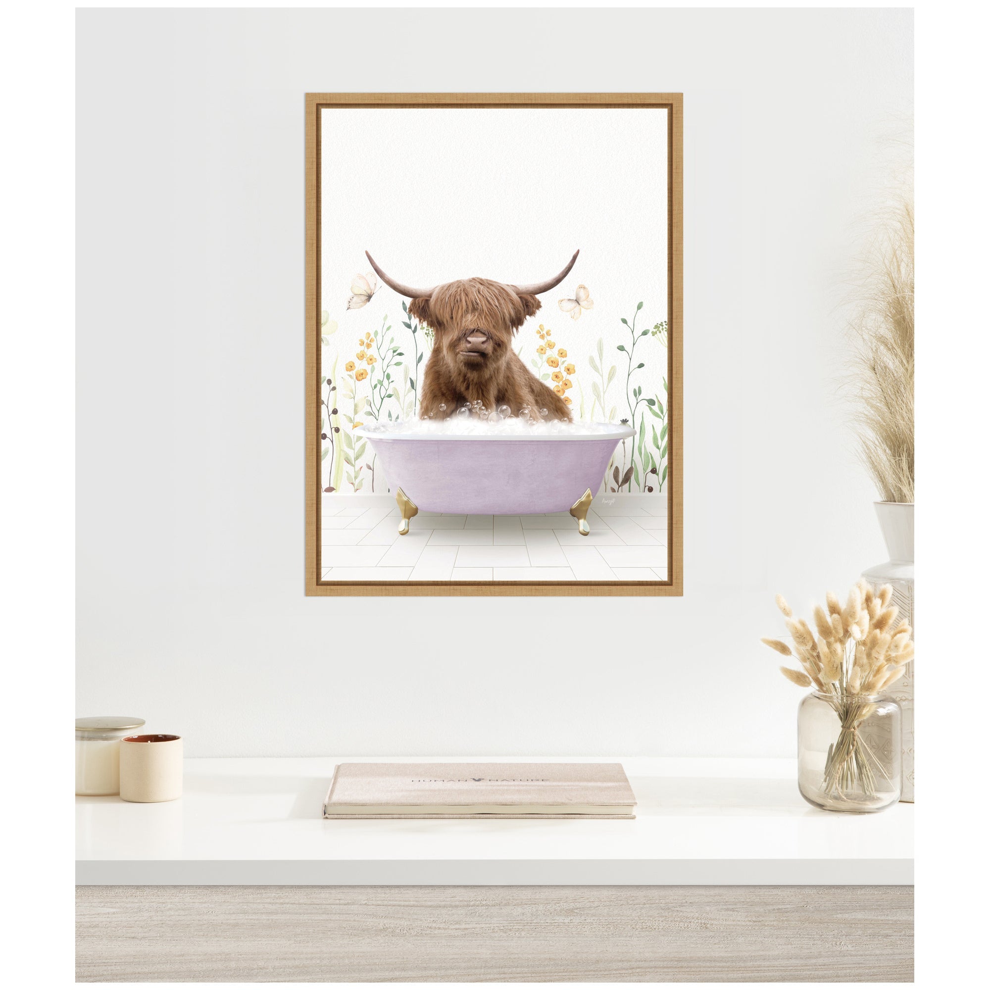 Sylvie Highland Cow in Spring Bathtub Framed Canvas