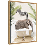 Framed canvas art titled Sylvie Safari Animals in Palm Bath by Amy Peterson showing animal silhouettes with palm leaves