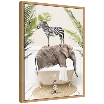 Framed canvas art titled Sylvie Safari Animals in Palm Bath by Amy Peterson showing animal silhouettes with palm leaves