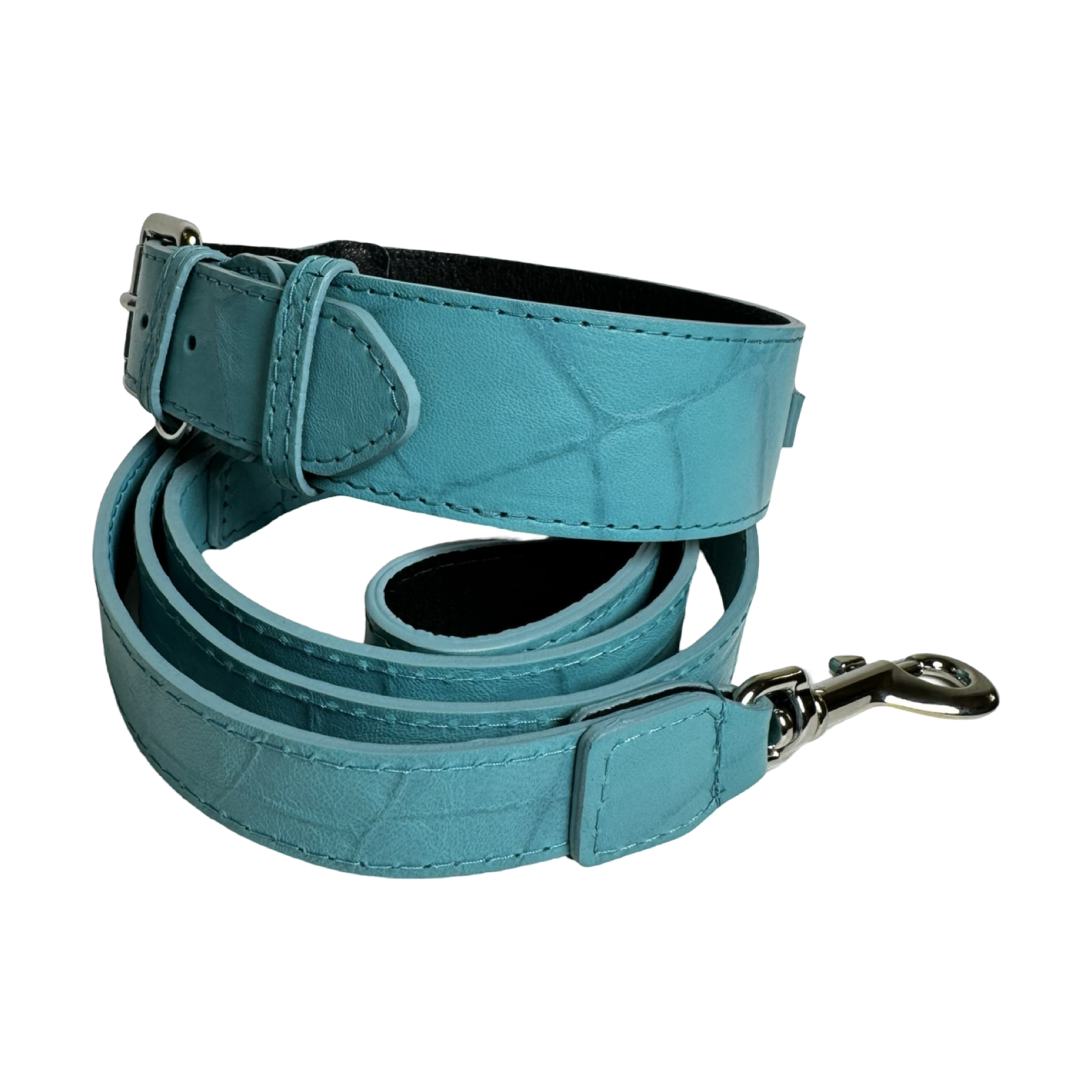 The Tiffany Collection. Gorgeous Turquoise Blue Embossed Croc Italian Leather Collar & Leash Set, With Our Classic Silver Hardware.