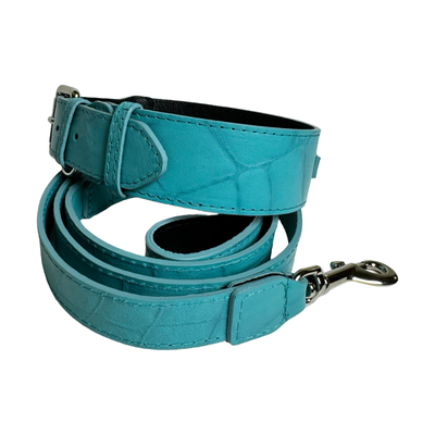 The Tiffany Collection. Gorgeous Turquoise Blue Embossed Croc Italian Leather Collar & Leash Set, With Our Classic Silver Hardware.