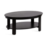 Oval dark wood coffee table with a lower shelf and four straight legs, shown against a white background