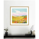 Framed painting of a colorful meadow landscape with wide yellow and green fields, red and pink flowers in the foreground, and a partly cloudy blue sky above.