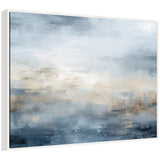 Abstract horizontal canvas in soft blues, grays, and beige tones blending like a misty ocean scene, framed in simple white.