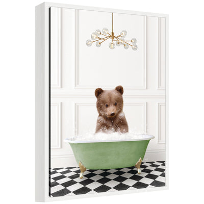 Framed canvas art showing a Sylvie bear cub in a green bathtub on a checkerboard floor, by Amy Peterson