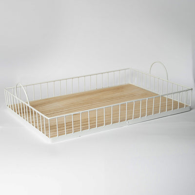 Rectangular white metal and wood tray with raised edges displayed on a surface