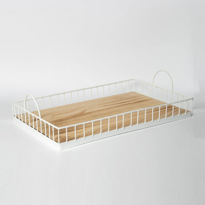 Rectangular Metal & Wood Decorative Tray — Rustic White Accent for Home