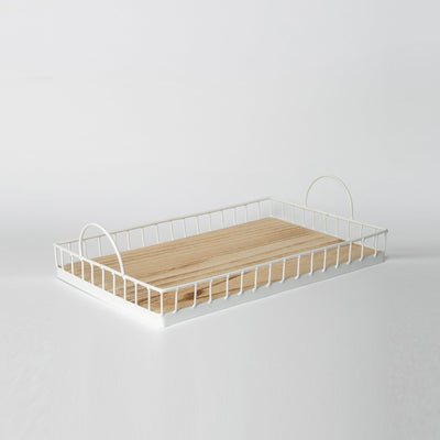 Rectangular Metal & Wood Decorative Tray — Rustic White Accent for Home