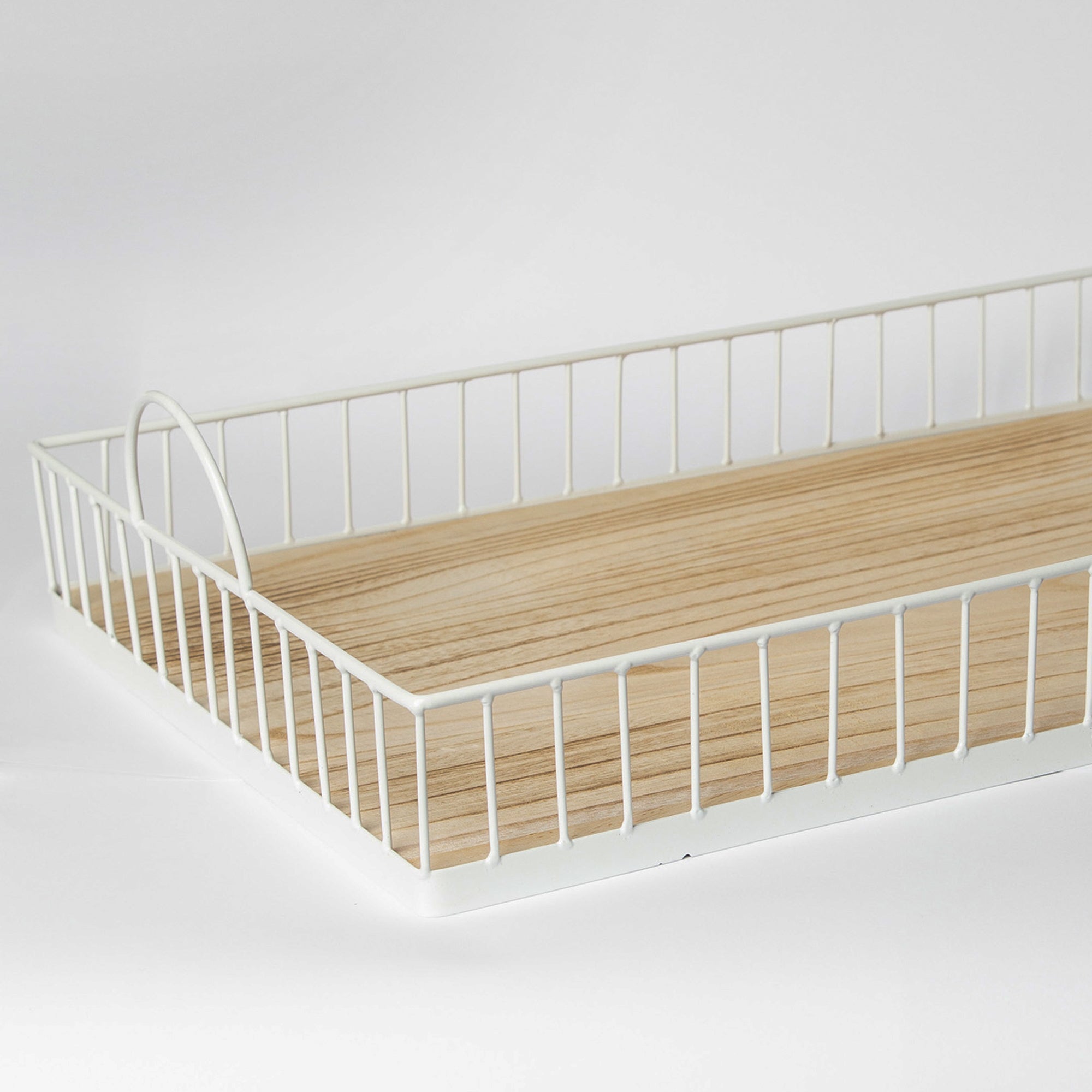 Rectangular Metal & Wood Decorative Tray — Rustic White Accent for Home