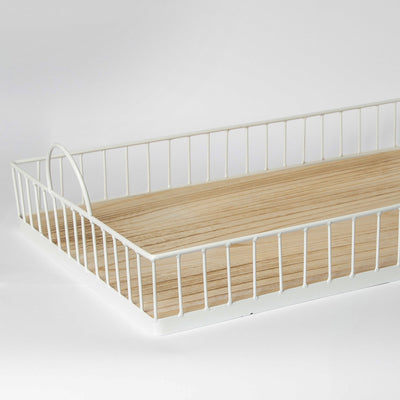 Rectangular Metal & Wood Decorative Tray — Rustic White Accent for Home