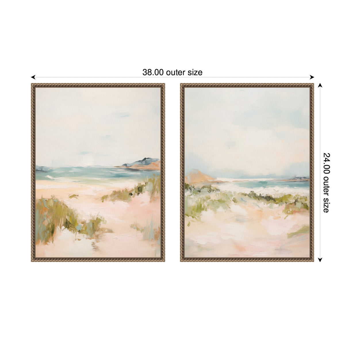 Two framed canvas paintings each showing a soft-focus beach scene with grassy dunes in pinks, greens, and blues under a light sky, measuring 38 by 24 inches together.