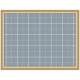 Rectangular pinboard with light blue fabric in a white plaid pattern, framed in a light wood frame, shown from the front on a white background.