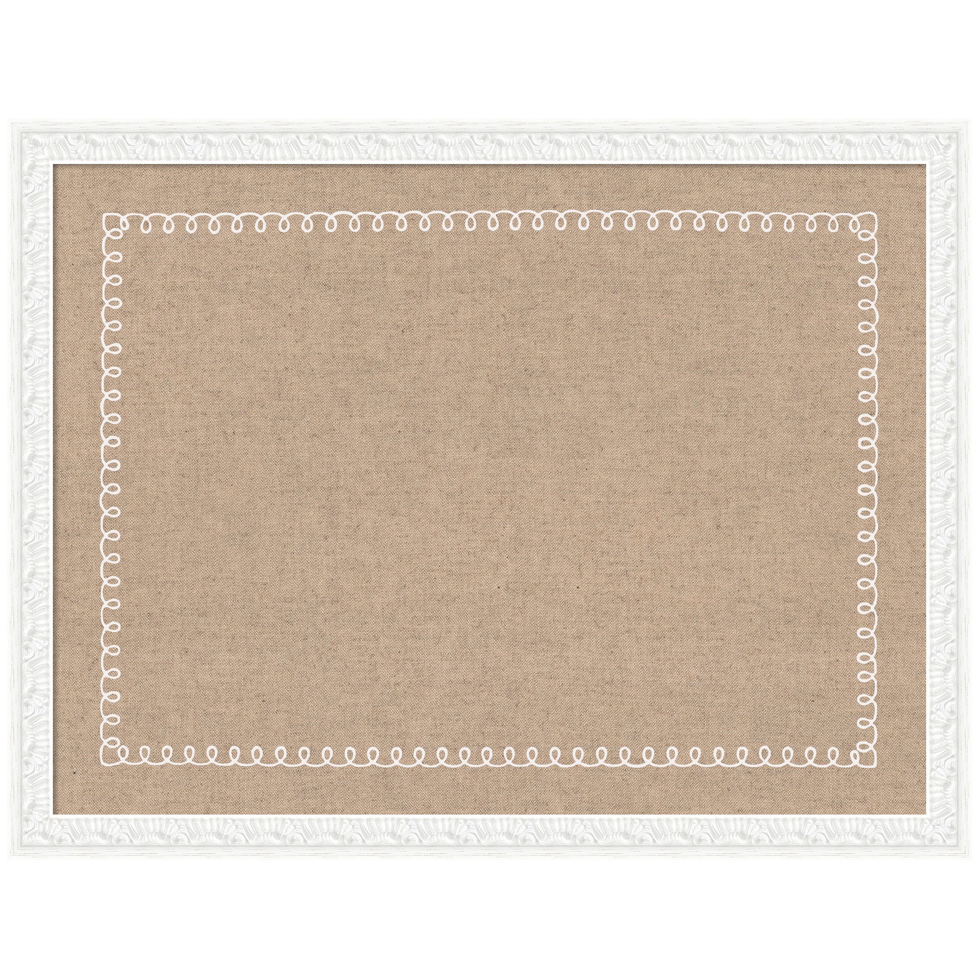 Pinboard with white scalloped edge and fabric surface displaying pinned photos and cards