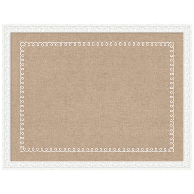 Pinboard with white scalloped edge and fabric surface displaying pinned photos and cards