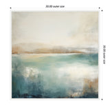 Abstract painting of a calming lake with muted turquoise waters, soft brown and beige hills, and a pale, cloudy sky in a square white frame.