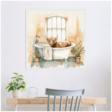 Watercolor painting of a brown Highland cow sitting in a white clawfoot bathtub under a large window, with plants nearby and a towel draped over the tub edge.