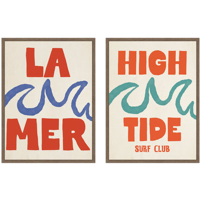 La Mer & high Tide Surf Club 2 Piece framed canvas wall art set by Alicia Bock, showing coastal imagery in walnut brown frames