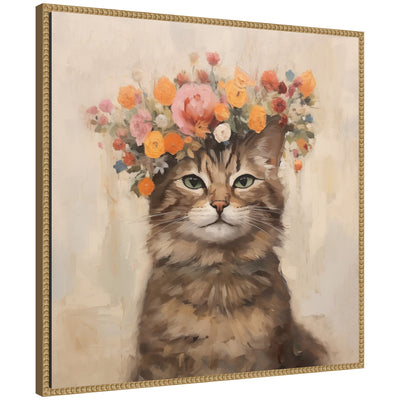 Framed canvas art depicting a colorful boho-style cat surrounded by floral elements in a vintage beaded natural frame.