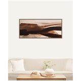 Abstract landscape artwork in warm brown and beige tones with fluid shapes, framed and hung above a neutral beige sofa with a white pillow and wooden coffee table.