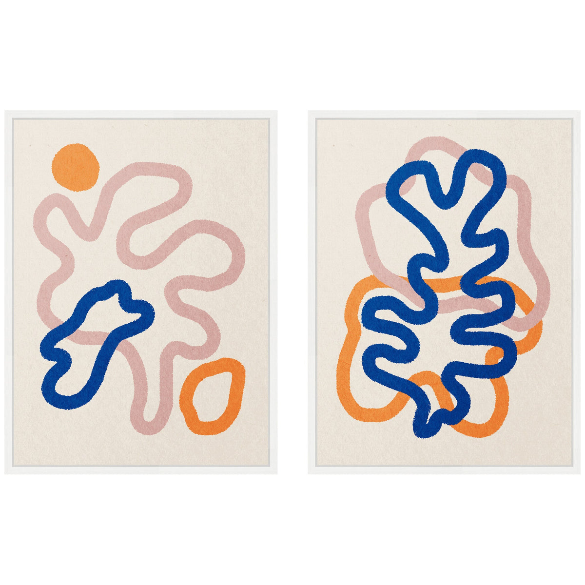 Two framed abstract canvas prints each featuring overlapping organic line shapes in blue, pink, and orange on a cream background, evoking fluid, natural forms.