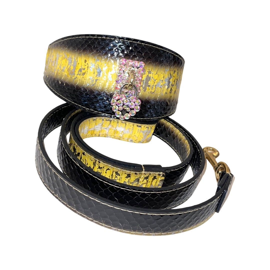 Swarovski Crystal Heart Locket Love Collar with matching leash in black custom snake style, 3 inches wide