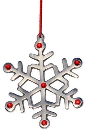 Silver snowflake Christmas ornament with six branches, each tipped with a red ruby-like gem, hanging by a red string