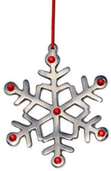 Silver snowflake ornament decorated with small red gemstones at each arm and a red string loop for hanging.