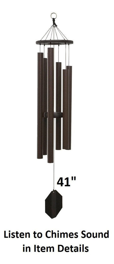 Amish handmade aluminum wind chimes in various sizes hanging outdoors