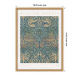 William Morris 1878 design featuring symmetrical peacock and dragon motifs in muted blue and beige tones within a wooden frame measuring 18 by 24 inches.