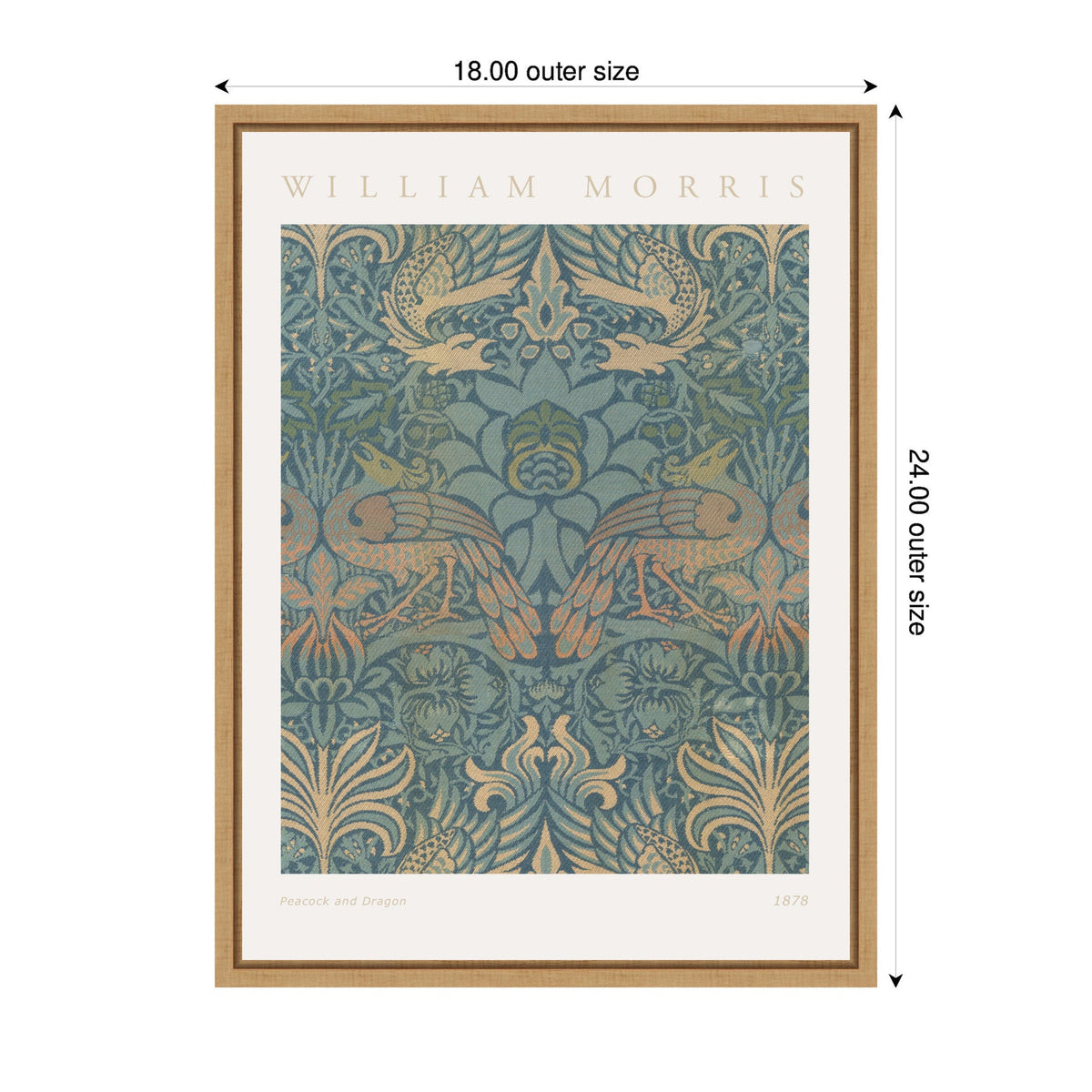 William Morris 1878 design featuring symmetrical peacock and dragon motifs in muted blue and beige tones within a wooden frame measuring 18 by 24 inches.