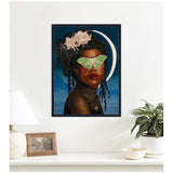 Framed portrait of a dark-skinned woman with floral adornments in her hair, green moth covering her eyes, and a white crescent moon behind her on a deep blue background.