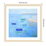 Softly painted boats in blue and green hues floating on calm water near sandy shores under a pale sky with a small moon, framed in light wood.