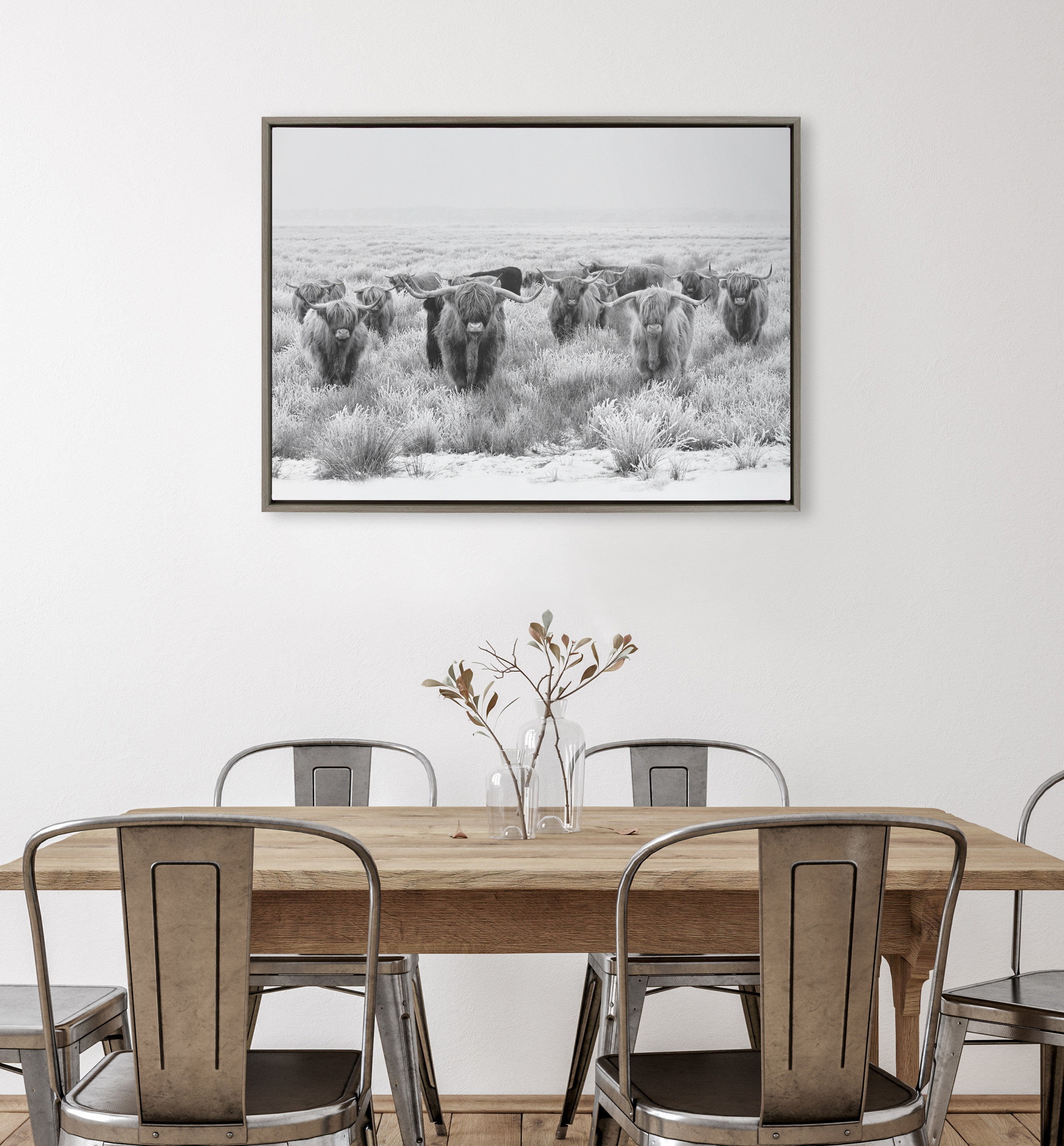 Sylvie Herd of Highland Cows Black and White Framed Canvas by The