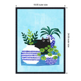 Illustration of three blue and white patterned pots with green leafy plants and a black cat with wide eyes peeking from behind the pots, set on a blue background.