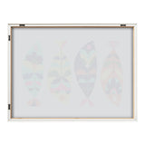 Framed glass print featuring four stylized fish in pastel shades of pink, blue, and beige with geometric patterns, centered on a light background.