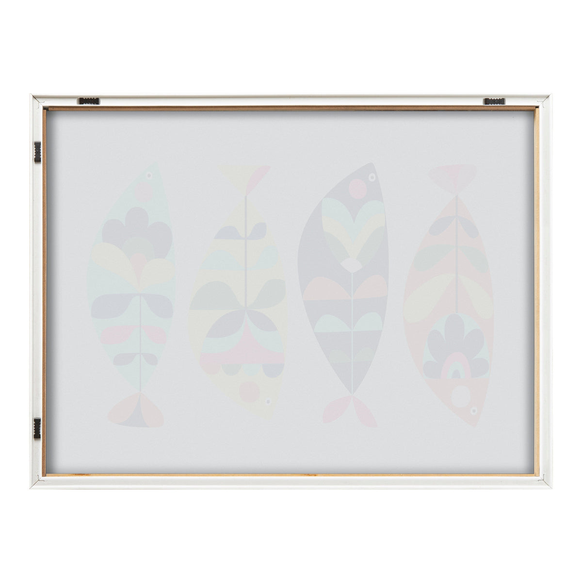 Framed glass print featuring four stylized fish in pastel shades of pink, blue, and beige with geometric patterns, centered on a light background.