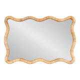 Rectangular mirror with a wavy scalloped edge frame made of light tan rattan, displaying a smooth reflective surface.