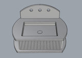 3D-rendered rectangular bathroom sink with rounded edges and three circular faucet holes, featuring vertical fluted detailing on the front panel, shown from a top-front angle.