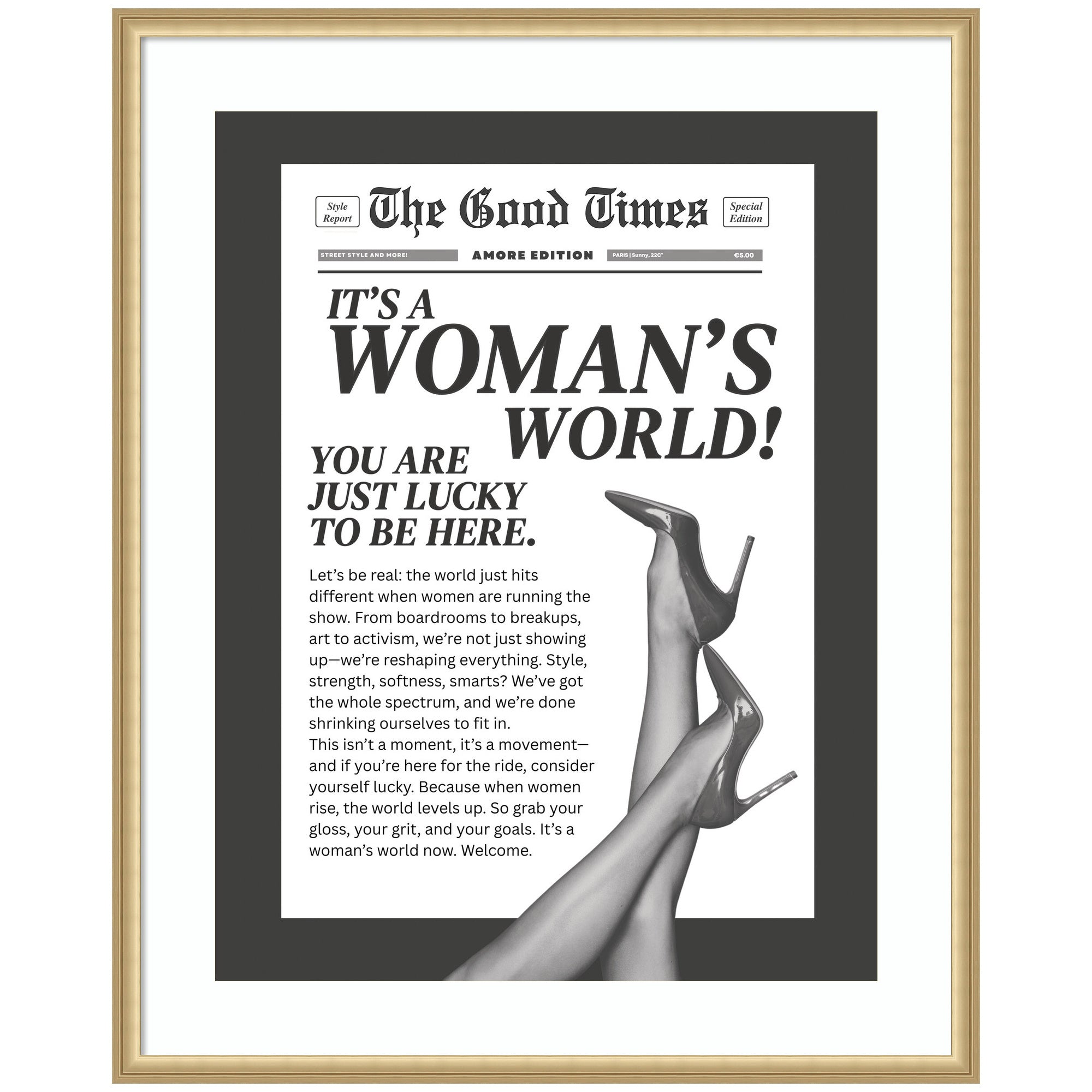 Woman's World by Honey Island Studio framed wall art print in Florence Gold frame hanging on wall