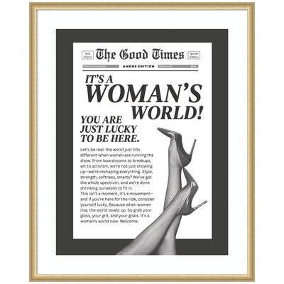 Woman's World by Honey Island Studio framed wall art print in Florence Gold frame hanging on wall