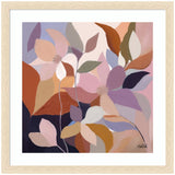 Abstract floral painting with overlapping petals in muted tones of pink, purple, beige, and rust, framed in light wood, signed by Waihah.
