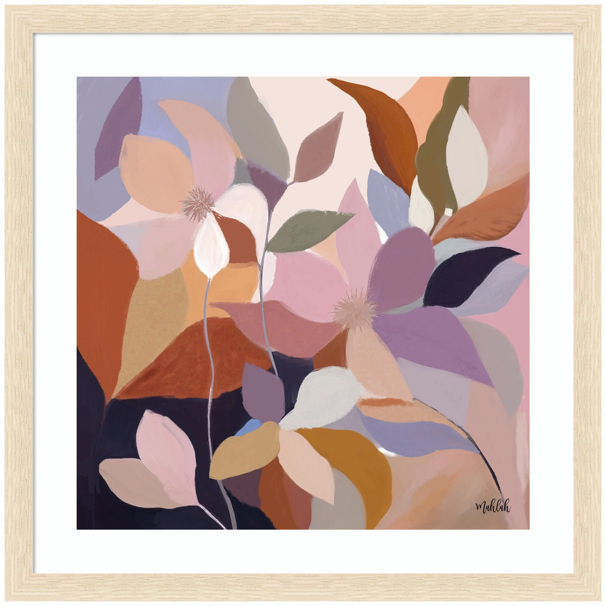 Abstract floral painting with overlapping petals in muted tones of pink, purple, beige, and rust, framed in light wood, signed by Waihah.