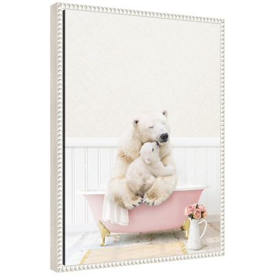 Framed canvas art showing mother and baby polar bear in a rose-colored bathtub