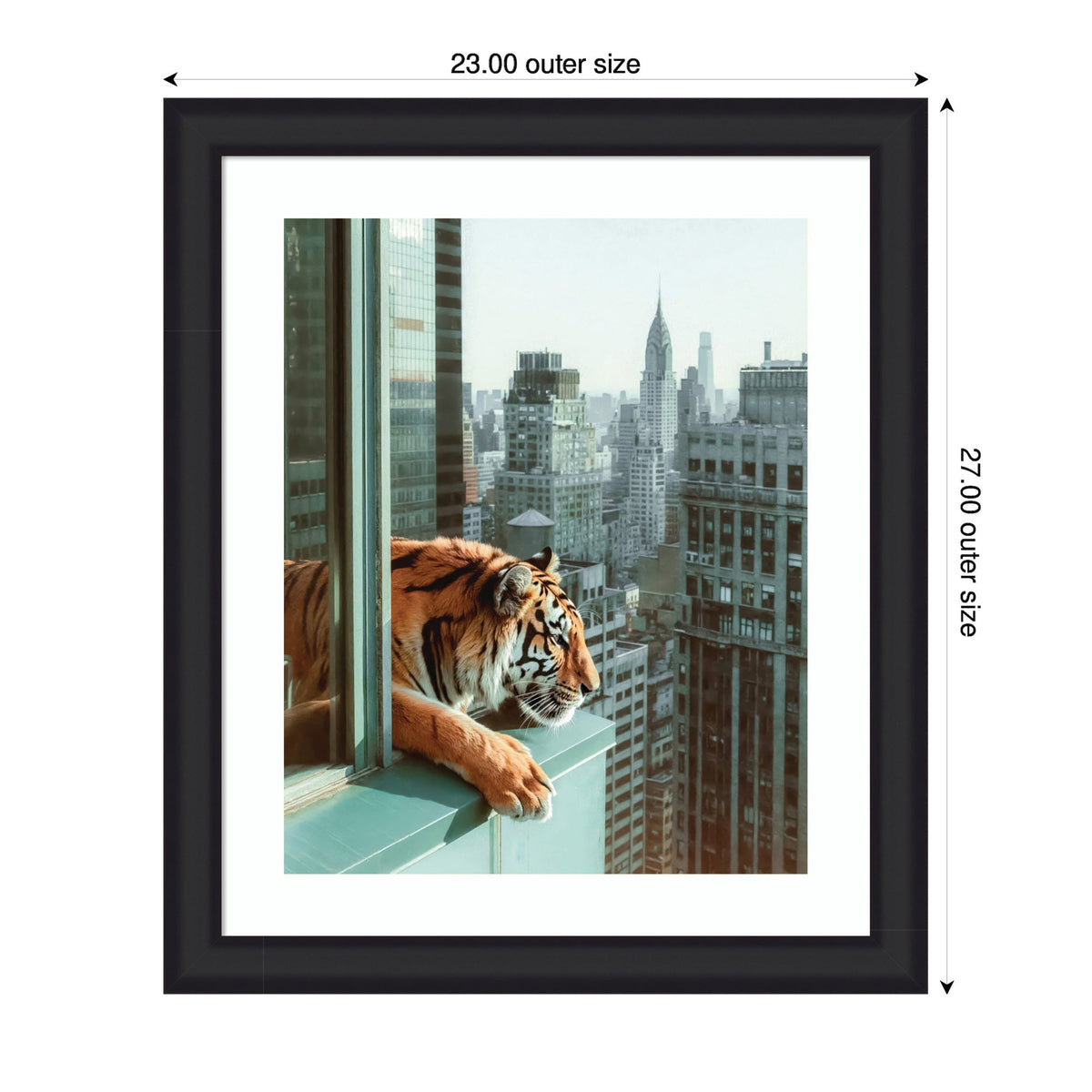 Framed photograph of a tiger leaning on a balcony ledge overlooking the Manhattan skyline, featuring tall buildings under a clear sky.