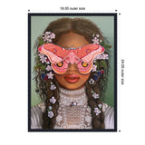 Portrait of a woman with dark braided hair adorned with small flowers, wearing a lace dress, and a large pink moth covering her eyes against a gradient green background.