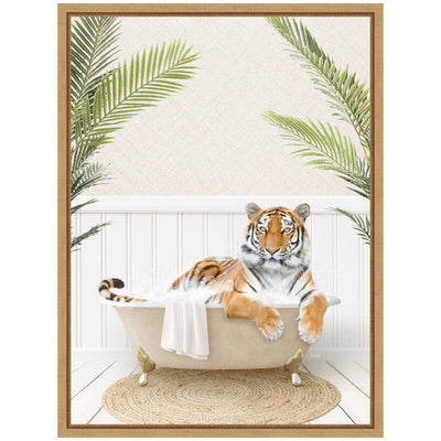 Sylvie Tiger in Palm Bath Framed Canvas by Amy Peterson