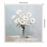 Painting of white daisies with yellow centers in a clear glass jar against a muted blue-gray background with a textured cream frame